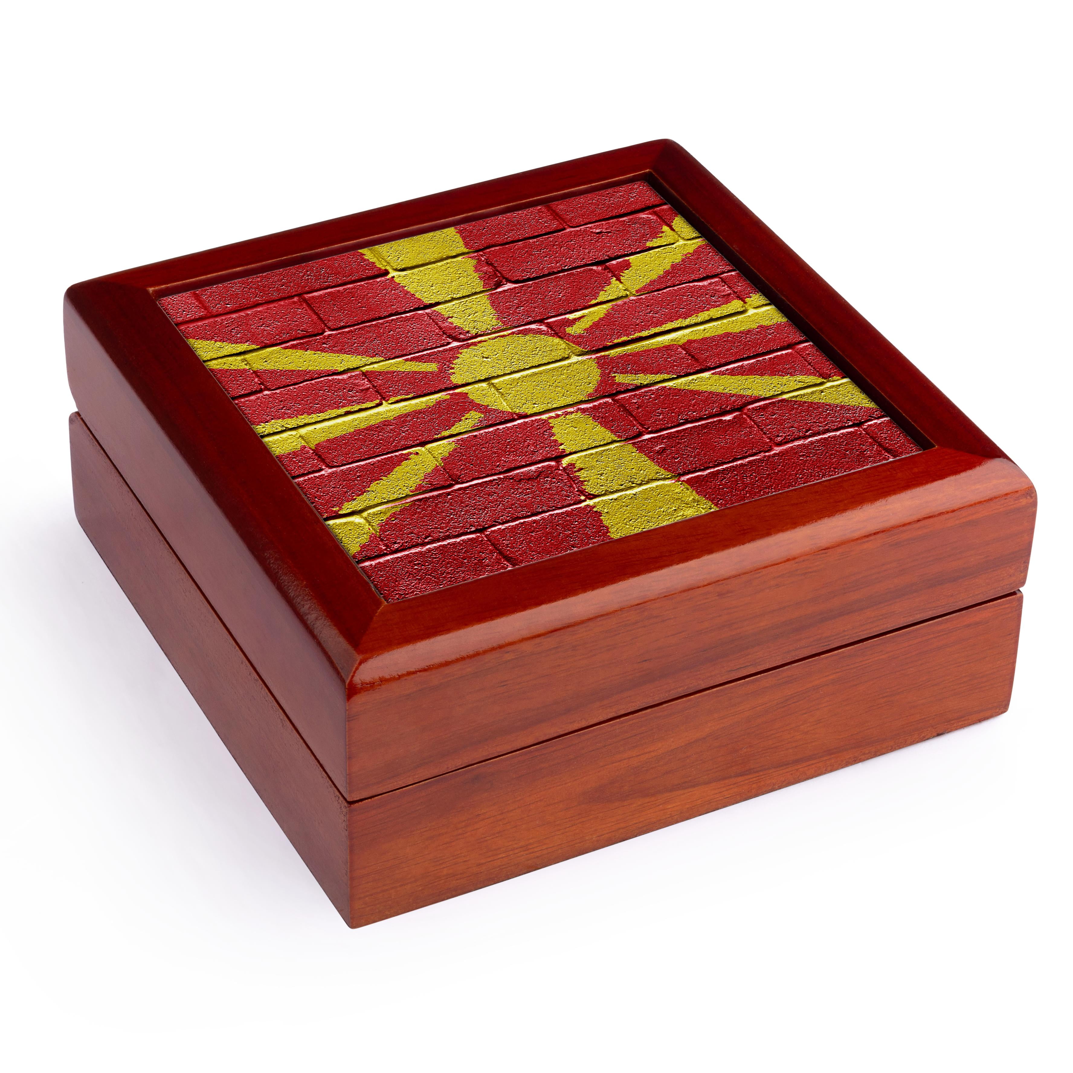 3dRose, National flag of Macedonia painted onto a brick wall Macedonian, Jewelry Box 5.5x5.5 inch with 4 inch tile
