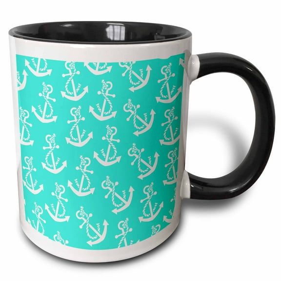 3drose, Nautical Anchors in White Over Light Turquoise, 15oz Two-tone Black Mug