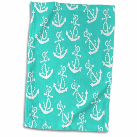 3dRose, Nautical Anchors in White over Light Turquoise, 15x22 Hand Towel
