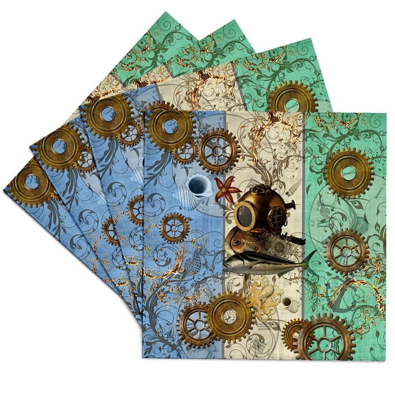 3dRose, Nautical Steampunk With Antique Divers Helmet and Sea Creatures, Set of 4 Ceramic Tile Coasters
