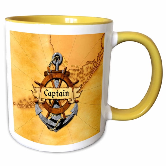 3drose, Nautical Map with Captain Banner, Ship Helm, and Ship Anchor., 11oz Two-tone Yellow Mug