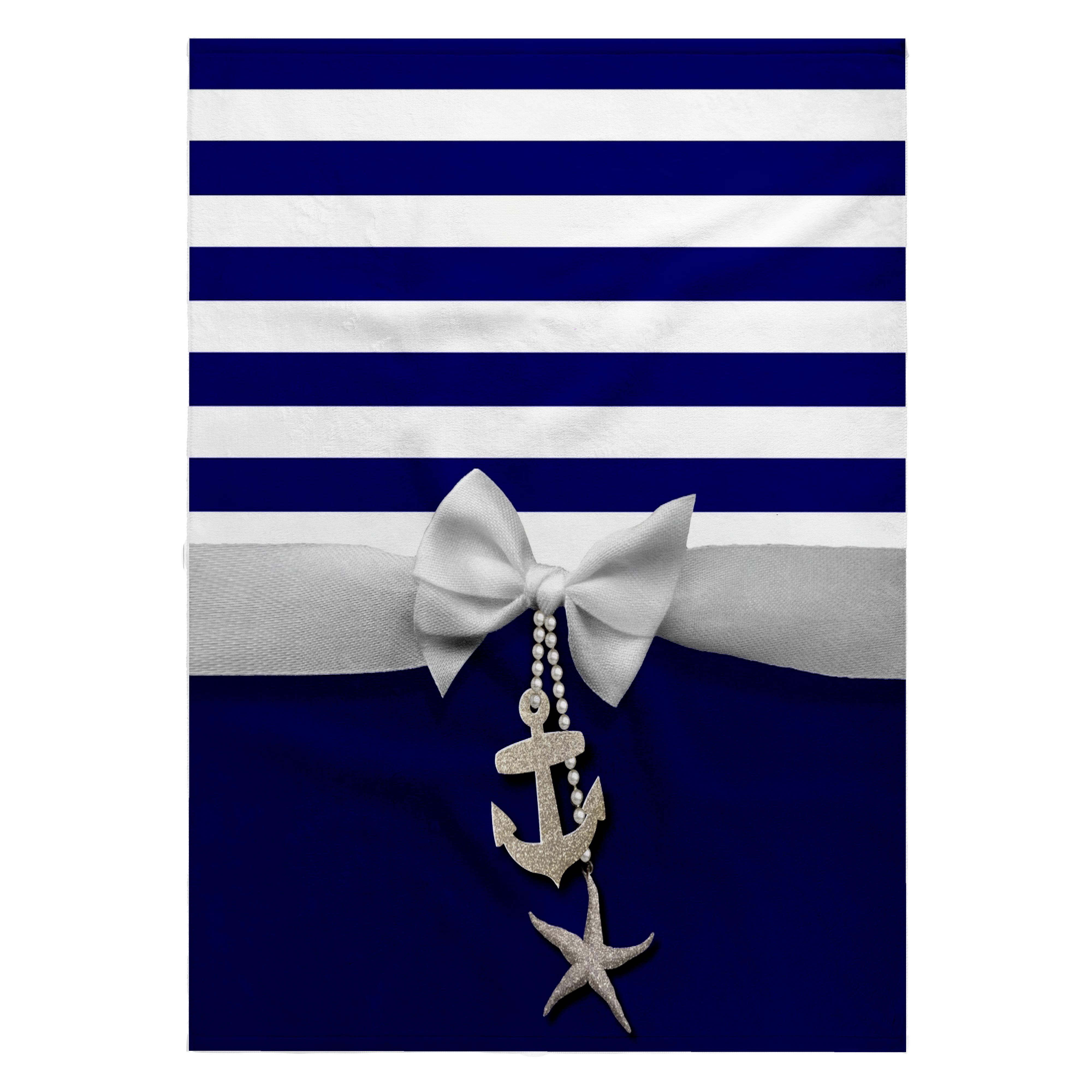 3dRose, Nautical navy blue and white stripes - 2D ribbon bow graphic and printed anchor and starfish charms, 22x30 Bath Hand Pool Towel