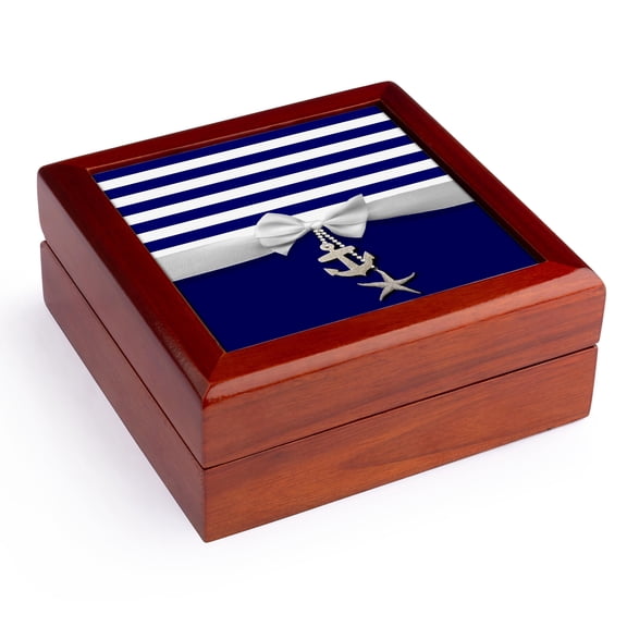 3dRose, Nautical navy blue and white stripes - 2D ribbon bow graphic and printed anchor and starfish charms, Jewelry Box 5.5x5.5 inch with 4 inch tile