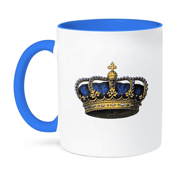 3dRose, Navy Blue Crown - Vintage art - royal - royalty - gold kings or princes crown with pearls and cross, 11oz Two-Tone Blue Mug