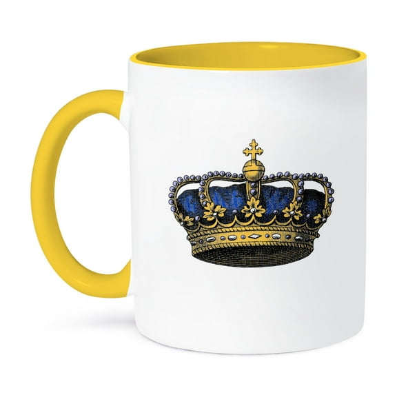 3dRose, Navy Blue Crown - Vintage art - royal - royalty - gold kings or princes crown with pearls and cross, 11oz Two-Tone Yellow Mug