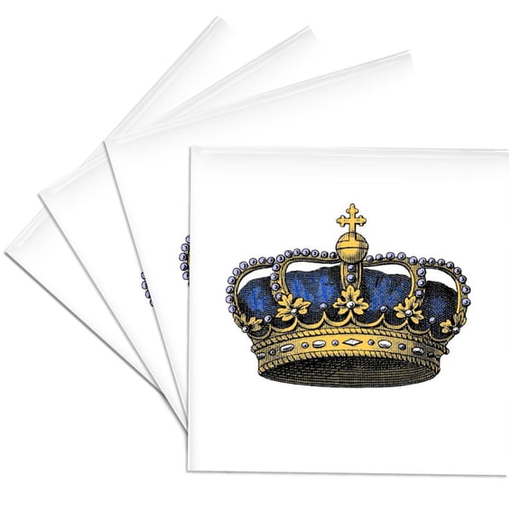 3dRose, Navy Blue Crown - Vintage art - royal - royalty - gold kings or princes crown with pearls and cross, Set of 4 Ceramic Tile Coasters