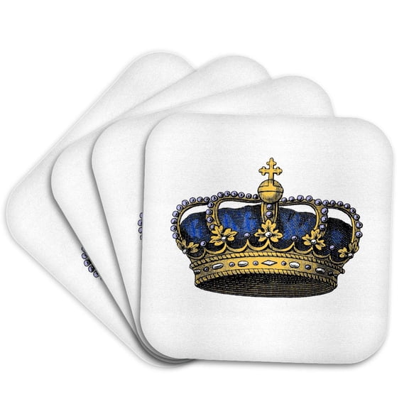 3dRose, Navy Blue Crown - Vintage art - royal - royalty - gold kings or princes crown with pearls and cross, Set of 4 Coasters - Soft