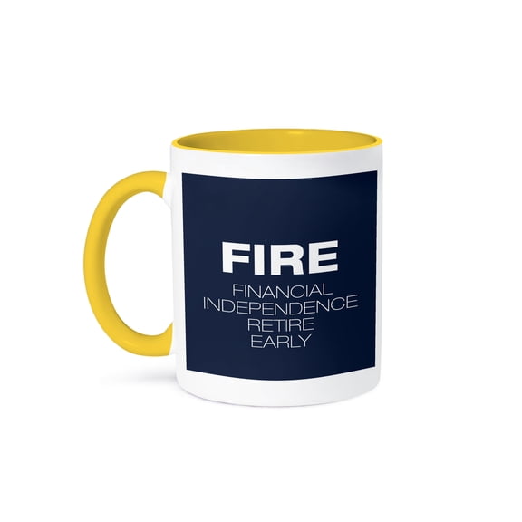 3dRose, Navy Blue FIRE Financial Independence Early Retirement, 11oz Two-Tone Yellow Mug