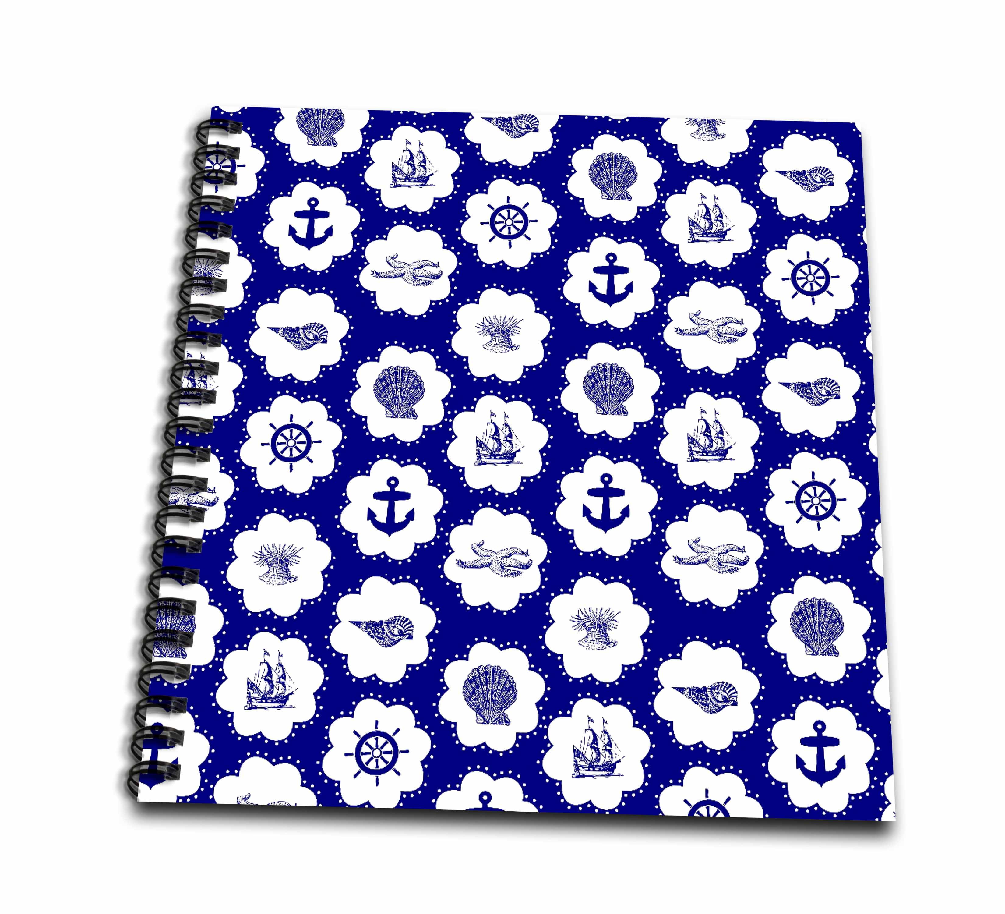 3dRose, Navy Blue Nautical pattern - Vintage seashells starfish anchors sailboats ships and sailor wheels, Memory Book 12 x 12 inch