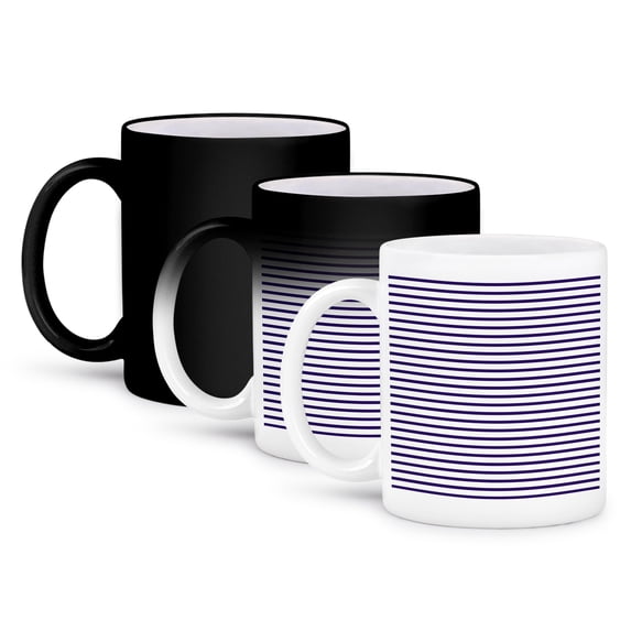 3dRose, Navy Blue and White Sailor stripes aka French Nautical Breton stripe pattern, 11oz Magic Transforming Mug