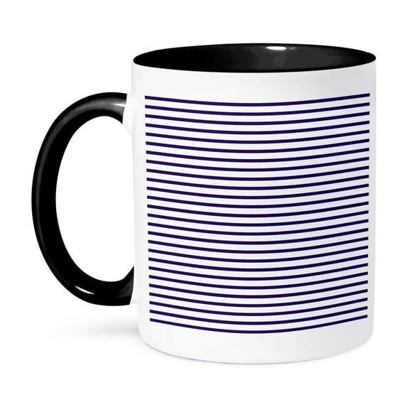 3dRose, Navy Blue and White Sailor stripes aka French Nautical Breton stripe pattern, 11oz Two-Tone Black Mug