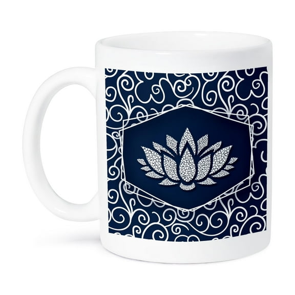 3dRose, Navy Blue and White Water Lily with White Swirls Chinese Styling, 11oz Mug