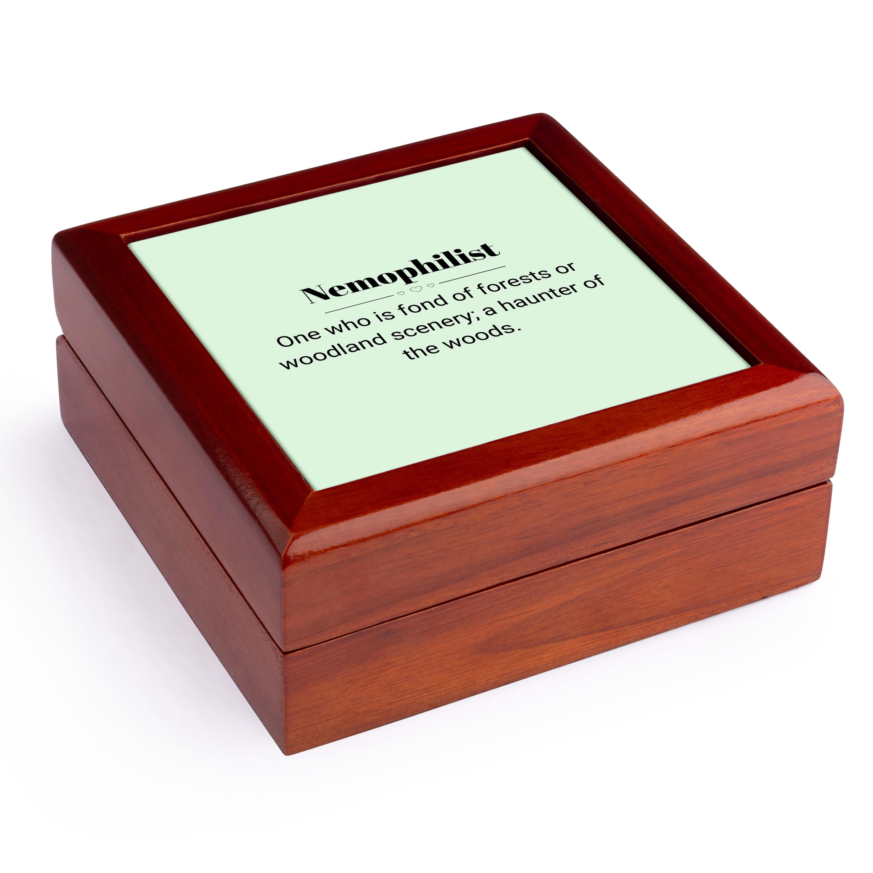 3dRose, Nemophilist and its meaning typography, Jewelry Box 5.5x5.5 inch with 4 inch tile