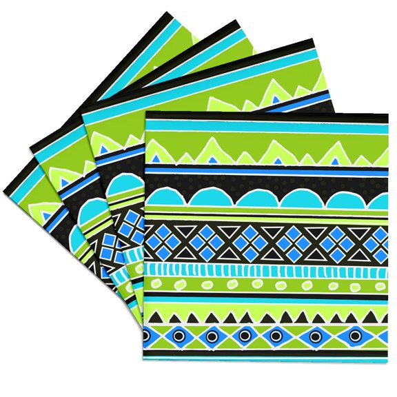 3dRose, Neon tribal pattern - fluorescent green yellow electric blue black - aztec shapes patterned rows art, Set of 4 Ceramic Tile Coasters