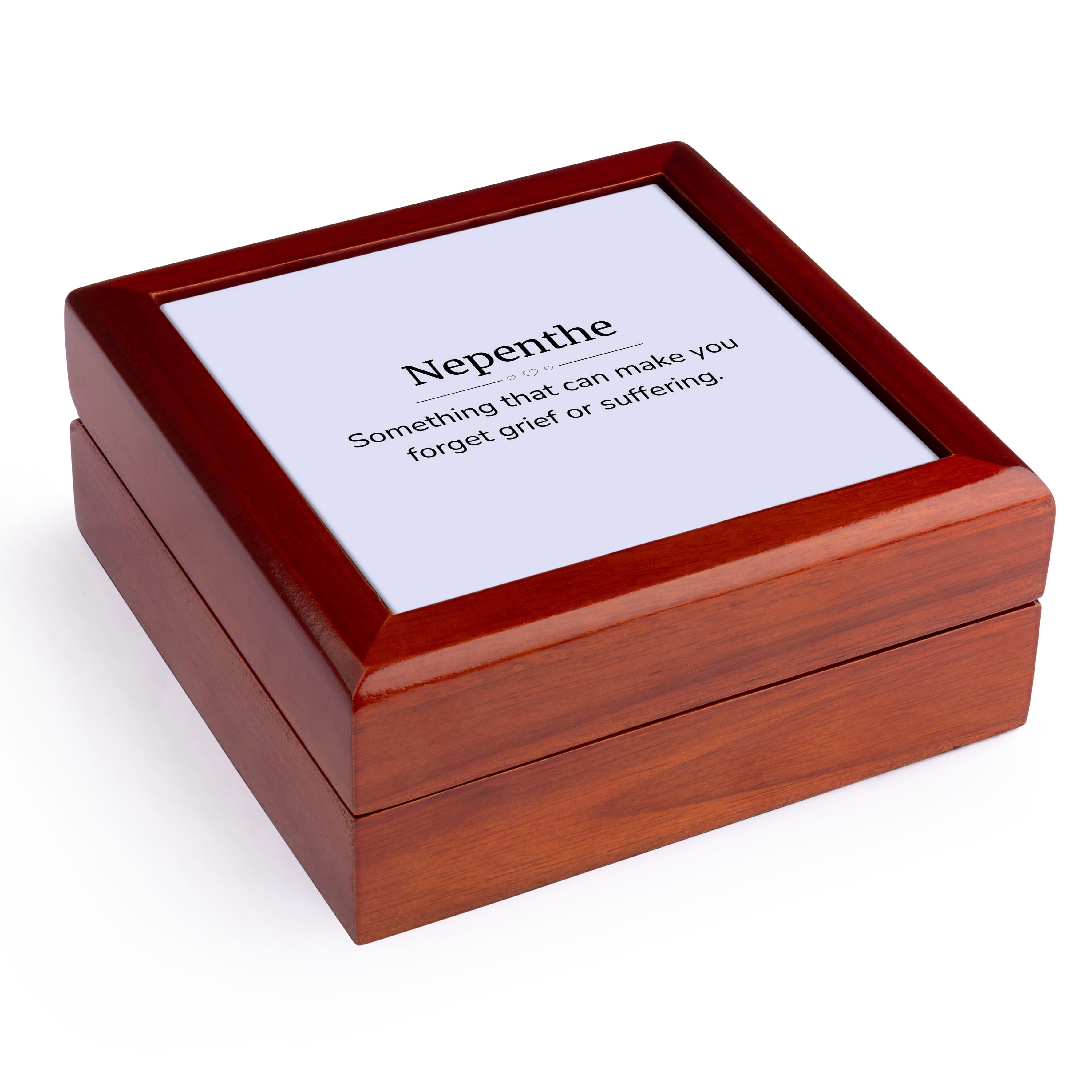 3dRose, Nepenthe and its meaning typography, Jewelry Box 5.5x5.5 inch with 4 inch tile