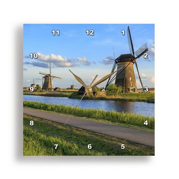 3dRose, Netherlands, Holland. Windmills and canals near Alkmaar., 15x15 Wall Clock