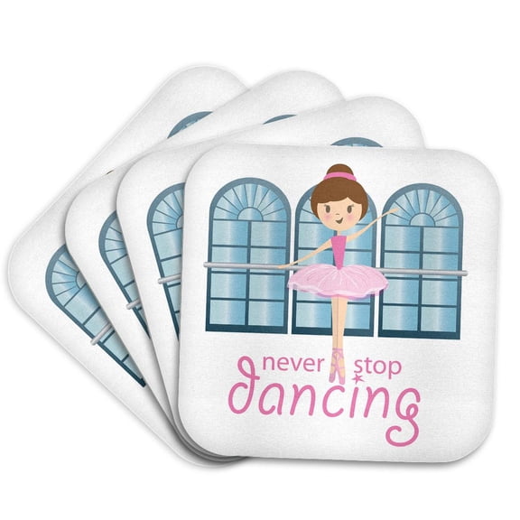 3dRose, Never Stop Dancing with cute ballerina and pink tutu in the studio, Set of 4 Coasters - Soft