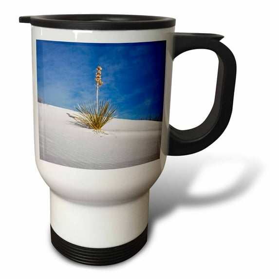3dRose, New Mexico, White Sands, Patterns in the white sand dunes with Yucca., 14oz Stainless Steel Travel Mug