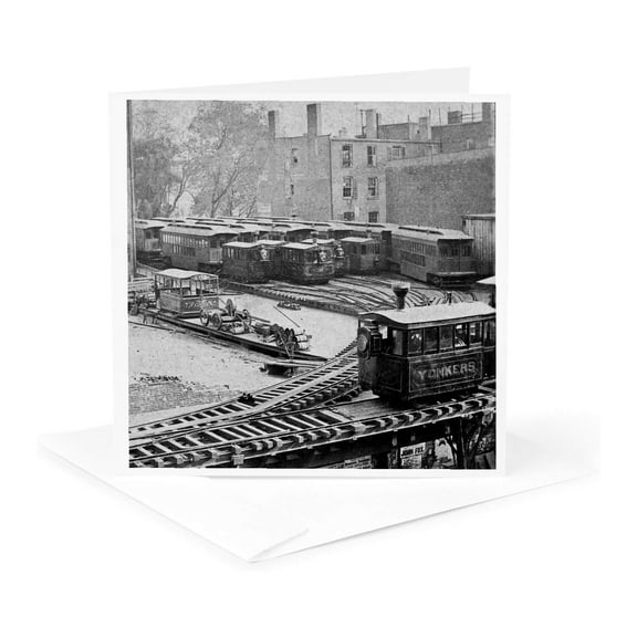 3dRose, New York City Train on NY Elevated Railroad Yonkers Switch Station 1860s, 1 Greeting Card with envelope
