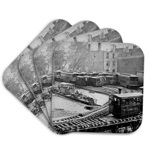3dRose, New York City Train on NY Elevated Railroad Yonkers Switch Station 1860s, Set of 4 Coasters - Soft