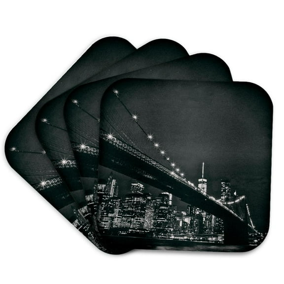 3drose, New York Scene of the Brooklyn Bridge and Manhattan Skyline at Night, Set of 4 Coasters - Soft