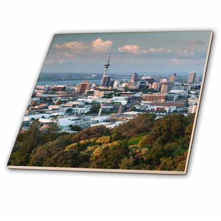 3dRose, New Zealand, Auckland. Elevated skyline from Mt. Eden volcano cone, 4 Inch Ceramic Tile