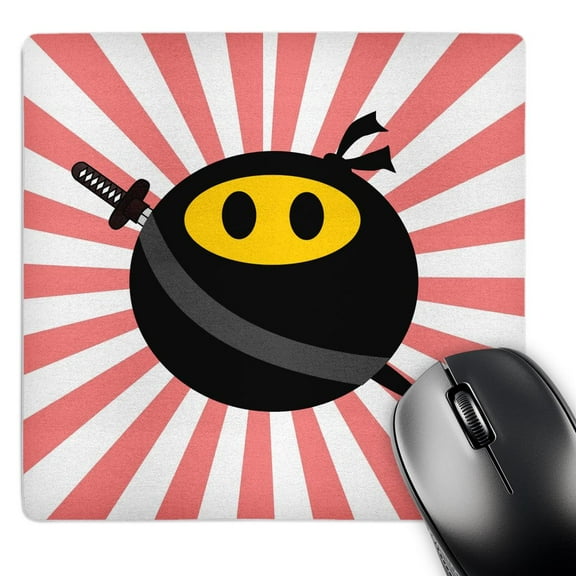 3dRose, Ninja smiling face - masked yellow happy face - black mask and sword - Japan red sunburst - starburs, MousePad