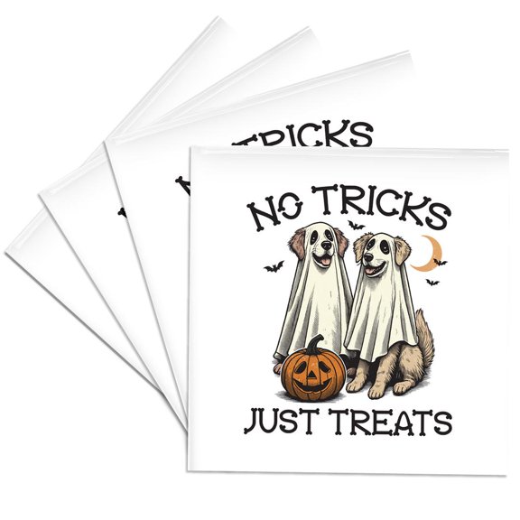 3dRose, No Tricks Just Treats Retriever Dogs in Ghost Costumes for Halloween, Set of 4 Ceramic Tile Coasters