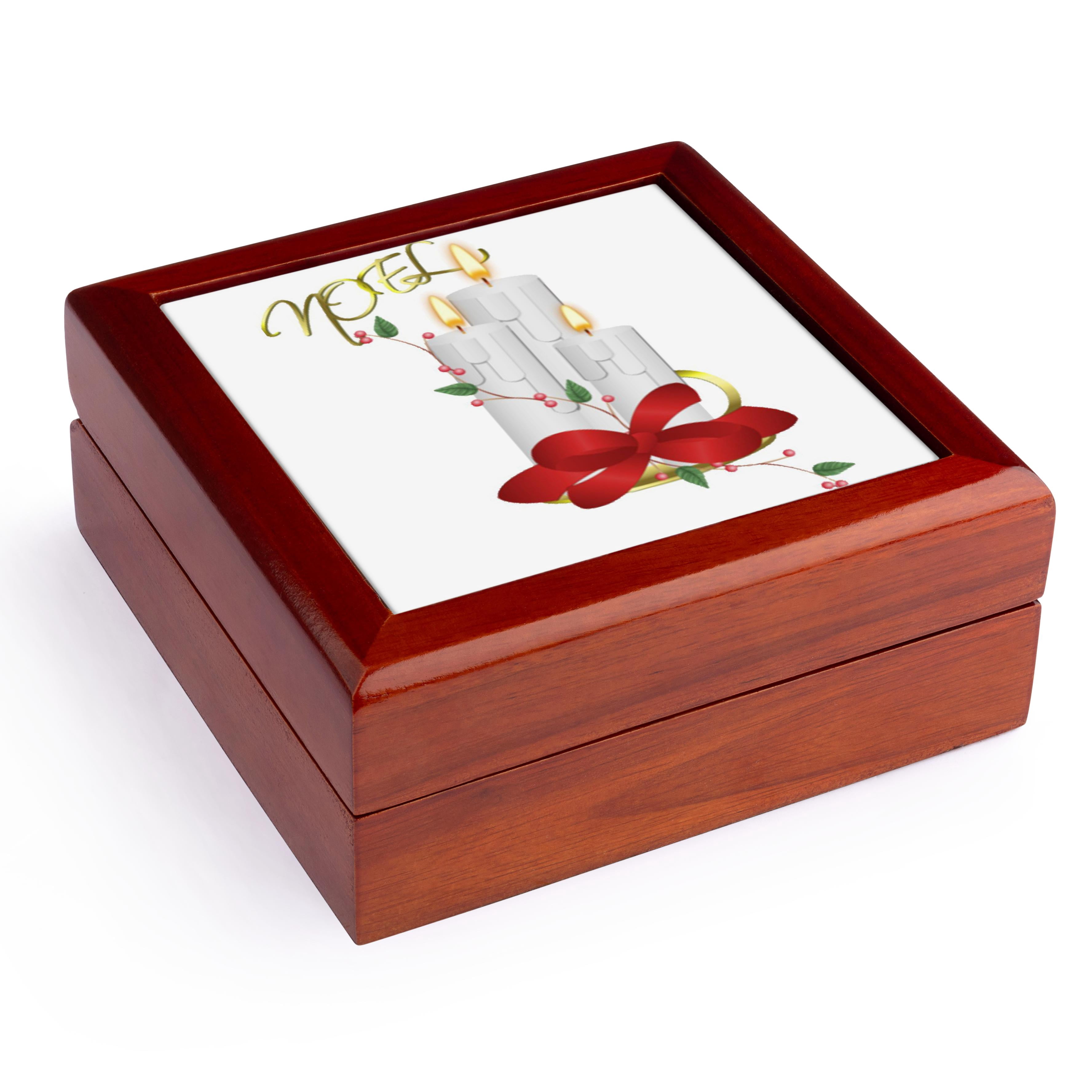 3dRose, Noel and three Christmas Candles, Jewelry Box 5.5x5.5 inch with 4 inch tile