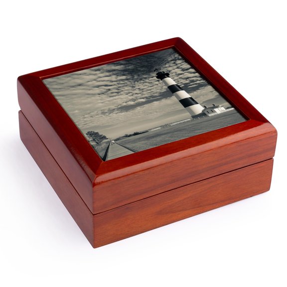 3dRose, North Carolina, Outer Banks, Bodie Island Lighthouse. Sepia, Jewelry Box 5.5x5.5 inch with 4 inch tile