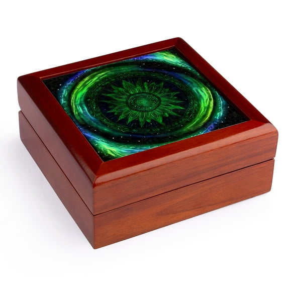 3dRose, Northern Lights Aurora Borealis Mandala Abstract Art, Jewelry Box 5.5x5.5 inch with 4 inch tile