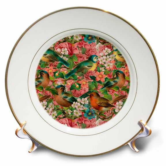 3dRose, Nostalgic Retro Flower And Bird Pattern, 8 inch Porcelain Plate