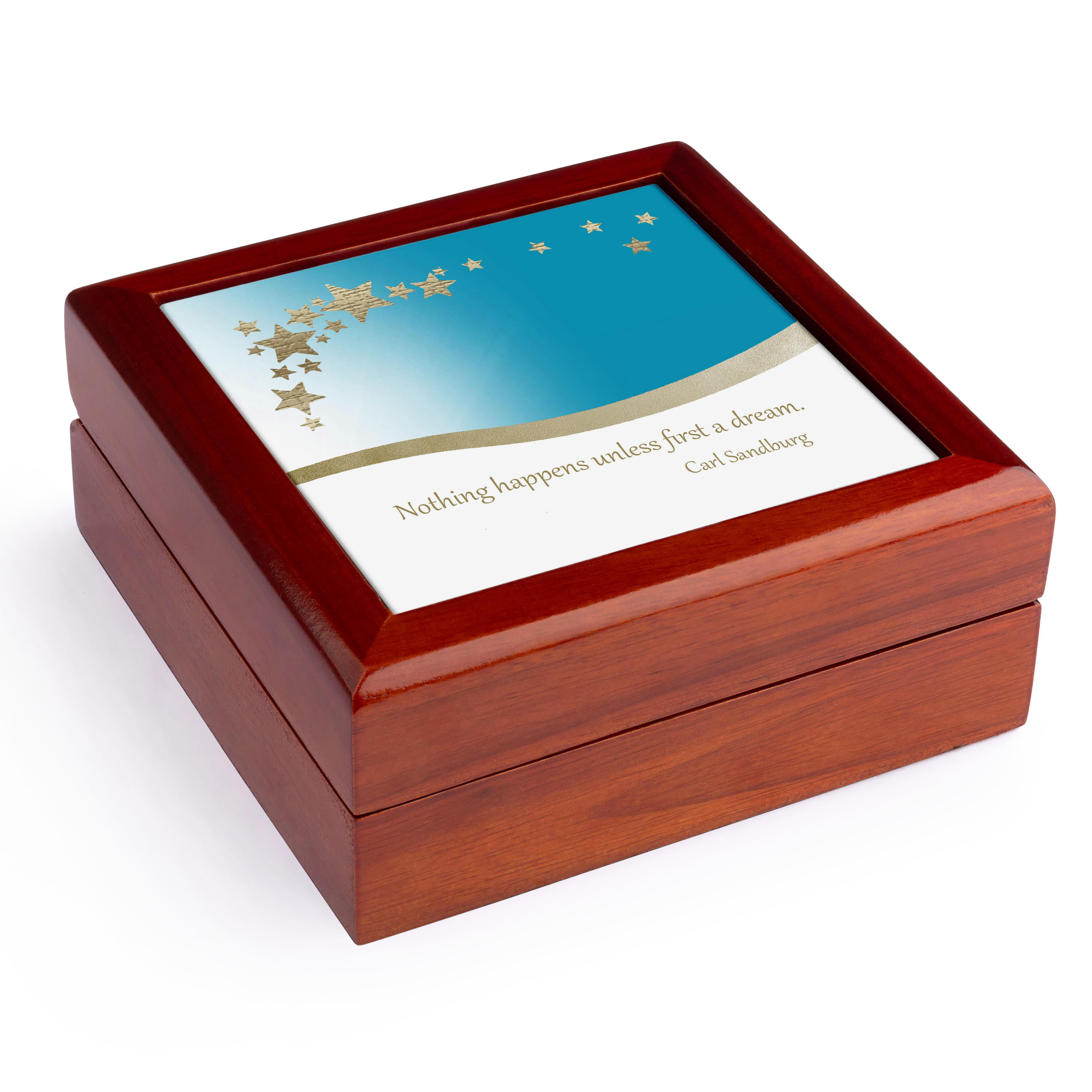 3dRose, Nothing happens unless, Gold Stars on Aqua Green, Graduation, Jewelry Box 5.5x5.5 inch with 4 inch tile
