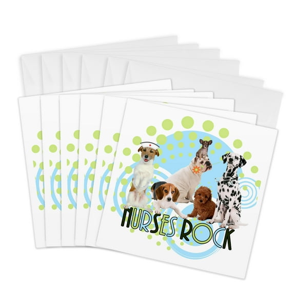 3drose, Nurses Rock Pack of Dogs in Trendy Blue and Green Hues, 6 Greeting Cards with Envelopes