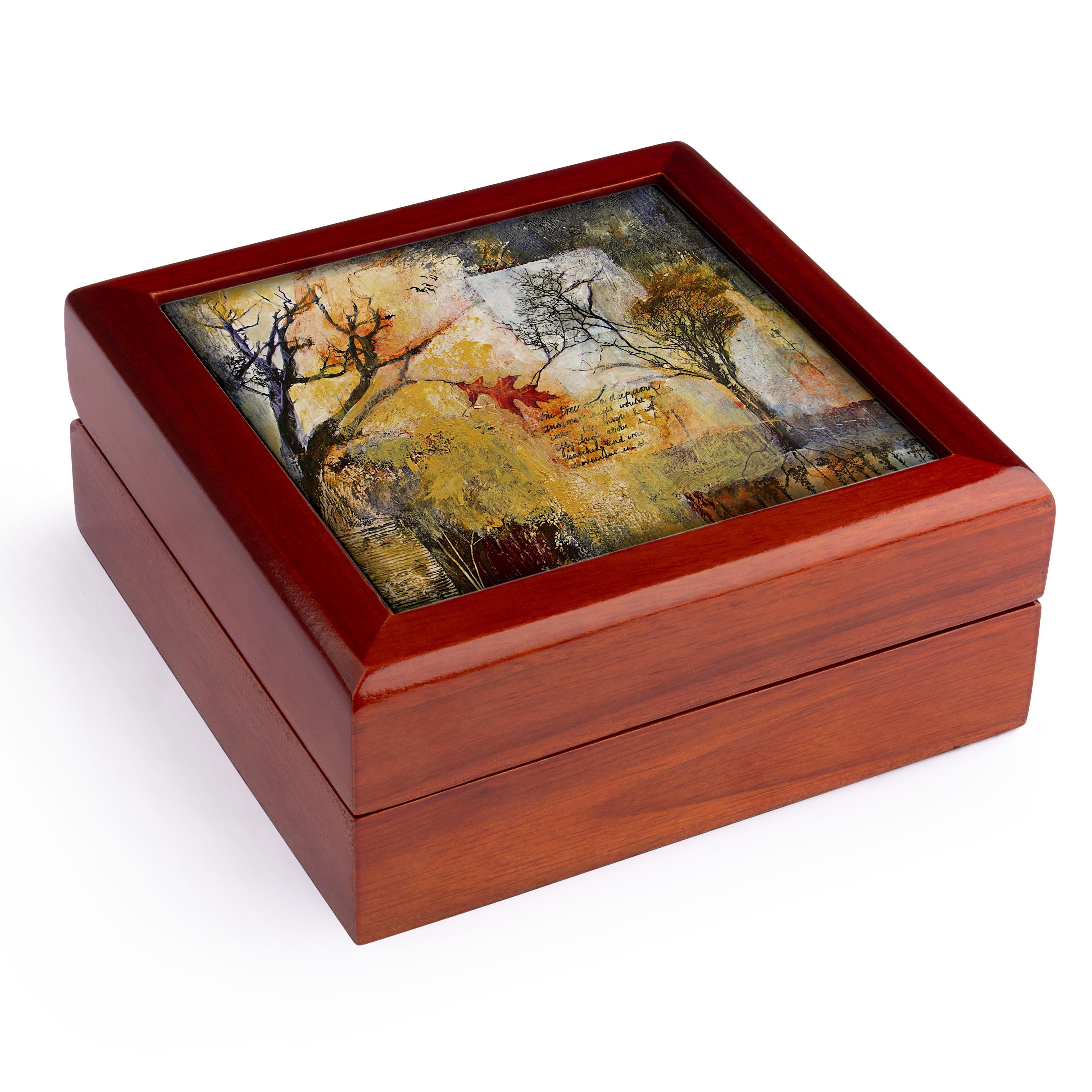 3dRose, Oak Leaf and Winter Trees in Mixed Media, Jewelry Box 5.5x5.5 inch with 4 inch tile