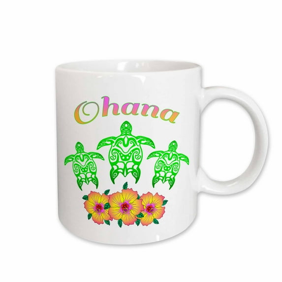3drose, Ohana Hawaiian Honu Sea Turtles Island Design with Tropical Flowers., 15oz Mug