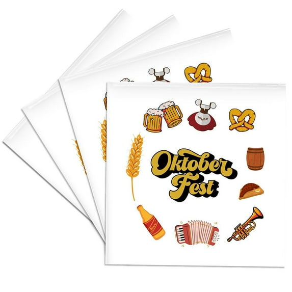 3dRose, Oktoberfest with images of music, beer, pretzel, sausage and malt, Set of 4 Ceramic Tile Coasters