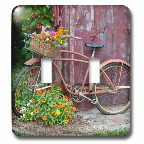 3dRose, Old bicycle with flowers in basket, next to old outhouse garden shed. , double toggle switch