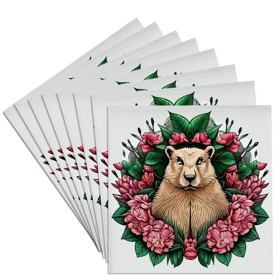 3drose, Olympic Marmot Surrounded by a Wreath of Rhododendron Tattoo Style Art, Set of 8 Ceramic Tile Coasters