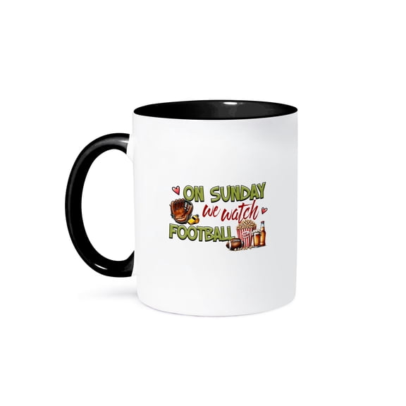 3dRose, On Sunday we watch football, a glove, a ball, beer, popcorn, gift, 15oz Two-Tone Black Mug