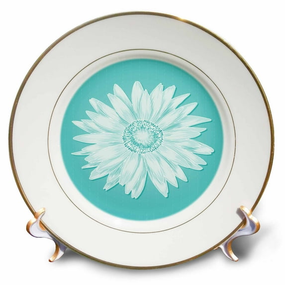3dRose, One Simple Pretty White Daisy On A Turquoise Background, 8 inch Porcelain Plate