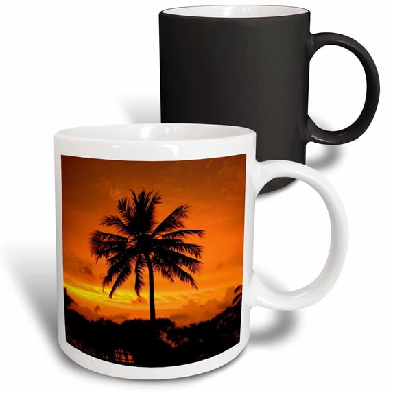 3drose, Orange Sunrise with Palm Tree, 11oz Magic Transforming Mug