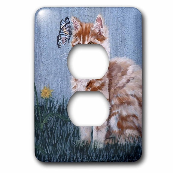 3dRose, Orange and White Striped Tabby Kitten Staring at Butterfly with Blue Crackled Background, 2 plug outlet cover