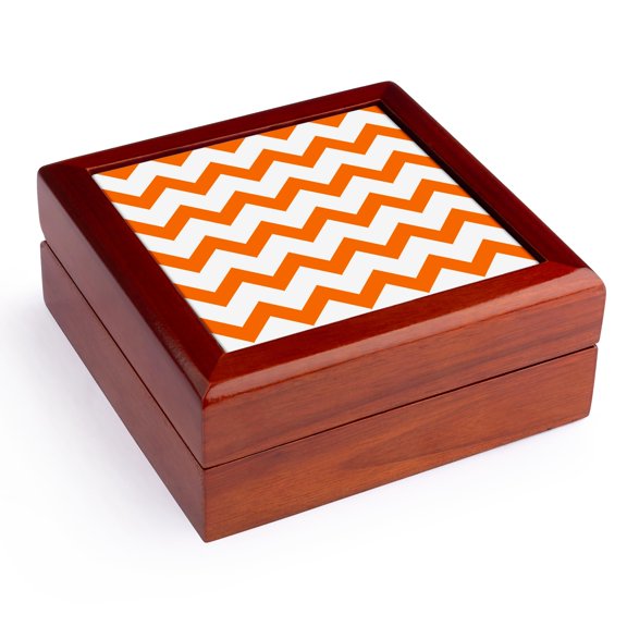 3dRose, Orange and white chevron pattern, Jewelry Box 5.5x5.5 inch with 4 inch tile