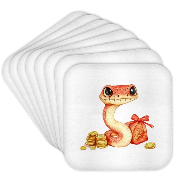 3drose, Orange and Yellow Snake - Chinese Zodiac 2025 Queen. Get Money Gift, Set of 8 Coasters - Soft