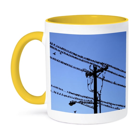 3dRose, Oregon, Portland. Starling birds on power lines - US38 BJA0549 - Jaynes Gallery, 11oz Two-Tone Yellow Mug