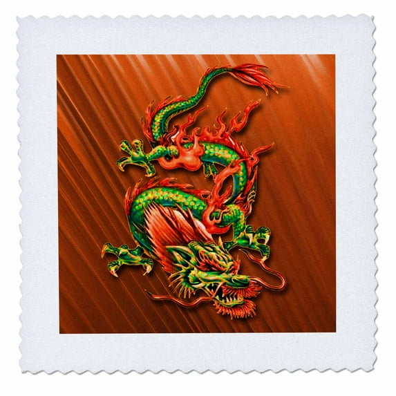 3dRose, Oriental Dragon in flaming oranges reds and greens, 20x20 inch quilt square