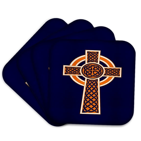 3drose, Ornamental Celtic High Cross Decorative Knotwork Orange and White, Set of 4 Coasters - Soft