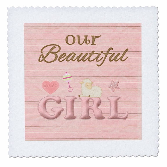 3dRose, Our Beautiful Girl, Hear, Sheep, Rattle, and Star, Pink , 10x10 inch quilt square