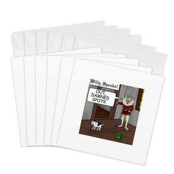 3drose, Out Damned Spot Humor Shakespeare Cartoon, 6 Greeting Cards with Envelopes